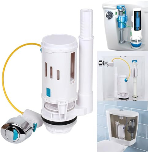 Toilet Flush Valve, Dual Flush Valve, Toilet Cistern Dual Flush Mechanism with Chrome Oval Button, 6.5cm Width, 27.5cm Cable, Adjustable Overflow Pipe 18.5-33cm, ABS Material