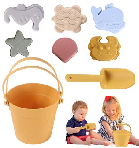 Beach Toys Set For Kids, 8pcs Play Sand Pit Toys ForToddlers Bucket And Spade Beach Set Kids Play SandToy With Shovels And Sea Animal Soft Molds For Kids Girls Boys Summer BeachGames