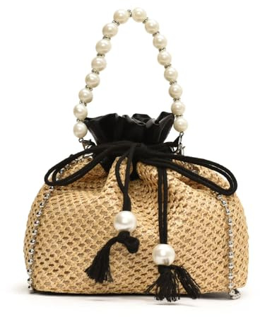 XFSRG Sac a Main Femme Perles Paille Élégante Bohème Tissée d'Été Embrayage Décontractée Pochette Clutch avec Chaîne pour Plage Fête Mariage Vacances(Noir)