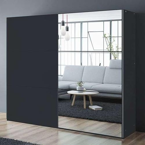 Krudox PRV 250 cm Schwarzer Schwebetürenschrank Mit Spiegel Breiten 122/150/200/250 cm Kleiderschrank Für Wohnzimmer Mit 3 Kleiderstangen Farben Weiß/Schwarz/Graphit