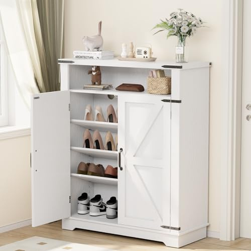 OCTORO Schuhschrank mit 2 Türen, Schuhschrank Holz im Landhausstil, Schuhkommode mit verstellbaren Einlegeböden und Kippschutz, Schuhregal Schmal für Eingangsbereich, Flur, Wohnzimmer, Weiß