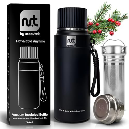 Moovtek – Bouteille Isotherme 1,1 L avec Infuseur Amovible, Filtre Long Acier Inoxydable 316, Tasse Intégrée, Double Paroi pour Thé, Café, Maté, Fruits et Eau, Sans BPA, Noir