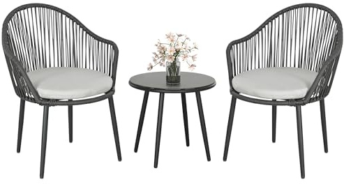 Outsunny 3-teilige Rattan Gartenmöbel-Set Gartengarnitur, Sitzgruppe mit Beistelltisch mit Hartglasplatte, 2 Gartenstühlen, Kissen, für Terrasse, Balkon, Stahl, Dunkelgrau