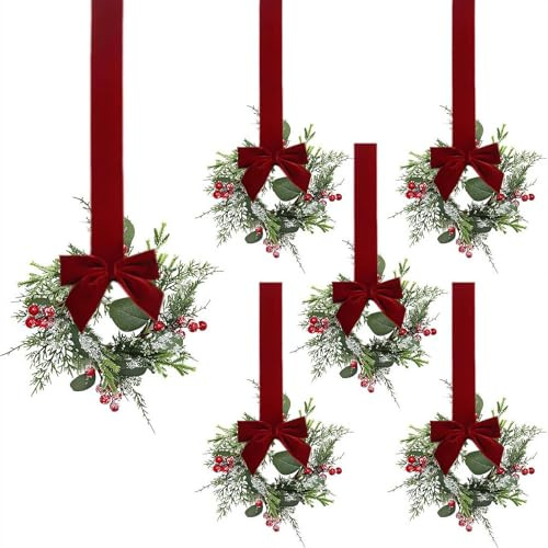 Christmas Wreaths for Windows,Winter Mini Wreaths Christmas,Cabinet Wreath for Kitchen C-hristmas,Artificial Berries Snowy Pine Garland with Red Ribbon for Xmas Table Centerpiece Front Door Decor