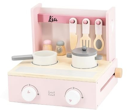 Personalizzabile cucina per bambini in legno pieghevole Rosa – salvaspazio e con accessori – per bambini dai 3 anni – personalizzata con nome – Label Label