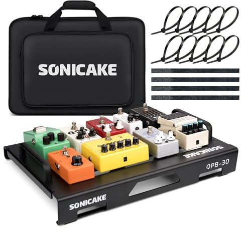 SONICAKE Mini gitarrpedal i aluminium pedal effektpedal för gitarr 46 x 32,3 x 7 cm med väska, pedalband och buntband svart QPB-31