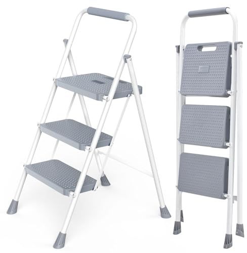 DUMOS Step Ladder, 3 Sturdy Step Stool with Anti-Slip Pedal & Comfortable Handrail, Portable Heavy Duty Step Stool for Kitchen, Garage & Outdoor Use, 800lbs, Grey