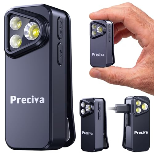 Preciva Mini LED Taschenlampe USB Aufladbar, EDC Clip Lampe mit Magnetclip | 500 LM Mini Taschenlampe mit Spotlicht, Flutlicht & Rotlicht, USB-C 800 mAh Akku, Camping Licht, Clip Lampe für Outdoor