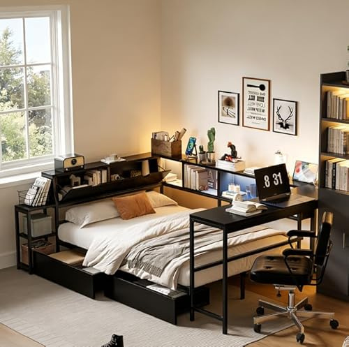 Queen Corner Bed Frame with Desk and 2 Charging Station, Corner Queen Bed Frame with Storage Drawers, LED Light and 6 Bookcase, Metal Queen Corner Daybed for Living Room Guest Room Bedroom, Black