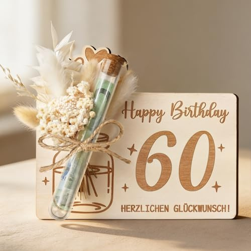 Originelle 60 Geldgeschenke Geburtstag Frau Mann, Holz Geburtstagskarte 60 mit Happy Birthday, Geschenk zum 60 Geburtstag Frau Mann, Geburtstagsgeschenk für 60-jährige Frauen & Männer