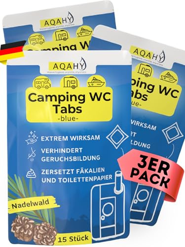 AQAHY Camping Toiletten Zusatz - 45 Tabs blue extra stark – Nadelwald WC Drops | Campingtoilette Chemie WC Tabs Made in DE für Chemietoilette| Stoppt unangenehme Gerüche| Ersatz für Sanitärflüssigkeit