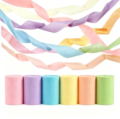 Pastel Crepe Papers / 6 Rolls 1.77 x 82 Ft Streamers Party Decorations | For Birthday, Wedding, Baby Shower, Summer & Rainbow Theme Decor