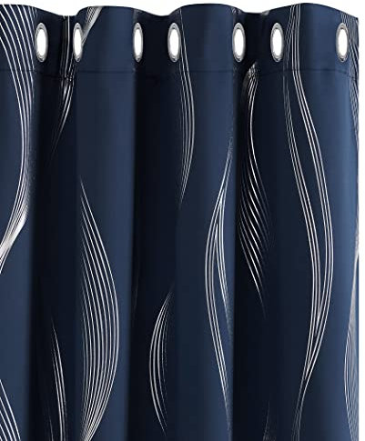 Deconovo Navy Curtains 46 x 54 Inch Bedroom Blackout Curtains Wave Line Foil Printed Thermal Insulated Energy Saving Eyelet Curtains for Living Room 46 x 54 Inch Navy Blue 1 Pair