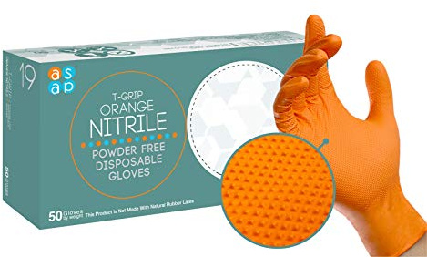 ASAP T-Grip Lot de 50 gants industriels multi-usages en nitrile non poudrés, grip texturé en relief, jetables, 7 mm, orange (taille L)