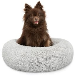 lionto Donutbett für Hunde und Katzen, Flauschiges Hundebett rund für kleine und große Heimtiere, Ø 40 cm, weiches Katzenbett aus kuscheligem Plüsch, Hundekissen mit extra Dicker Füllung, hellgrau