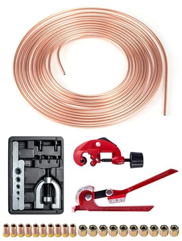 Trintion Brake Pipe Flaring Tool Kit 3/16 Brake Line Repair Kit 25FT Car Brake Line 10mm Replacement Cutter Bender Brake pipe cutting machine pipe bender flaring tool joint for Car Braking System