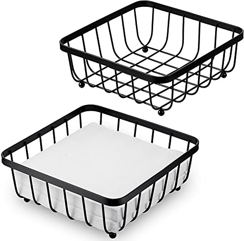 2 Pieces Napkin Holder for Table, Modern Flat Metal Paper Napkin Holder for Kitchen or Dining Room, Square Metal Lattice Basket, Restaurant Towel Dispenser (Black)
