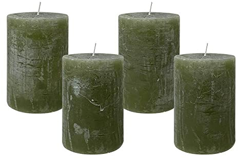 4 Rustic Stumpenkerzen Premium Kerze Oliv Grün 7x10cm - 45 Std Brenndauer
