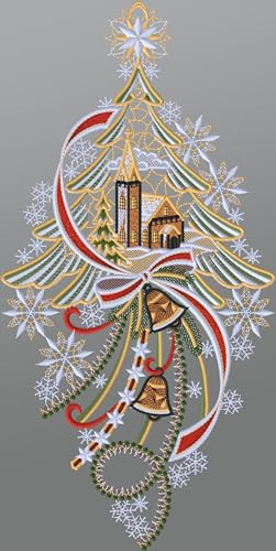 Plauener Spitze Fensterbild Kirche mit Tannenbaum und Glocken (Bx H) 20cm * 28cm Mehrfarbig Fensterdekoration Fensterschmuck