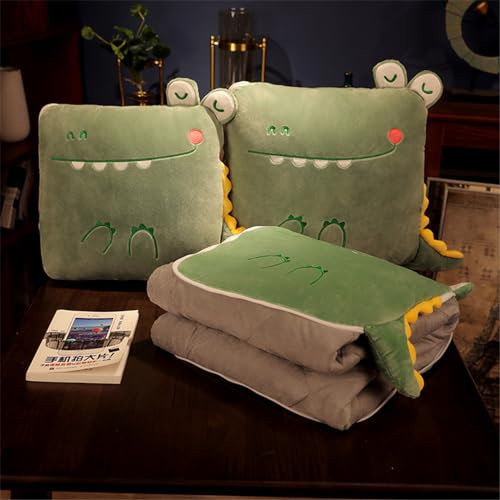 Surwin Couverture et Oreiller de Voyage 2 en 1, Impression de Animal Couvre-lit Convertible en Coussin, Courtepointe pour Sommeil en Voiture, Bureau et Avion (100x150cm,Crocodile)