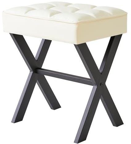 IBUYKE Fyrkantig makeuppall med X-Leg fotstöd, PU-fotstöd, ottoman-sits sminkpall, flera användningsområden som litet sidobord, för sovrum, vardagsrum, vit L/G-71W