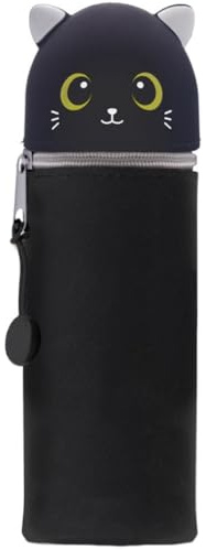 GDFJBG 2-in-1 Silikon Federmäppchen, Kawaii,Tischstifthalter Federtasche Tischstifthalter, Reißverschluss, Silikon, Stiftetasche Buntstifte Marker (Schwarze Katze)