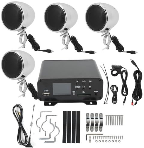 Gearwell Système stéréo Motorcycle, amplificateur Audio à 4 canaux avec Haut-parleurs à portée complète, Haut-Parleur Bluetooth 1000W Compatible avec Le Bateau ATV (Argent)