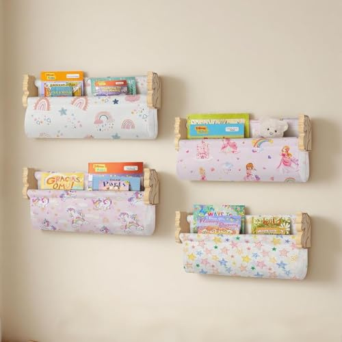 decalsweet Wandregal Kinderzimmer, 4er Set Bücherregal Kinder Wand, 40cm Bücherregal Kinder mit Einhorn-Design, Massivholz Wandregal für Bücher Spielzeug Schweberegal Montessori Regal
