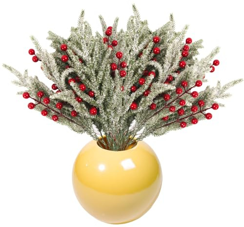 18 rami di pino innevato artificiali, rametti di cedro sempreverde, bacche di agrifoglio, steli di bacche per albero di Natale, ghirlande, ghirlande, composizioni floreali, vasi fai da te, decorazione