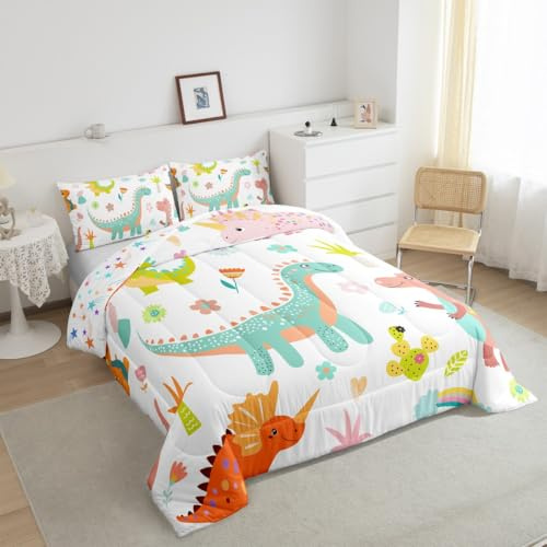 Loussiesd Barn tecknad dinosaurie täcke set dubbel storlek söt dinosaurie sängkläder set för pojkar flickor tonåringar söt blomma djur 3 st