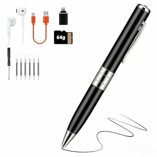 Stift mit Sprachaufnahme, 64 GB – Diktiergerät, automatisch und kontinuierlich durch Rotationsaktivierung, diskreter Spionage-Sprachrekorder für Unterricht, Meetings, Interviews