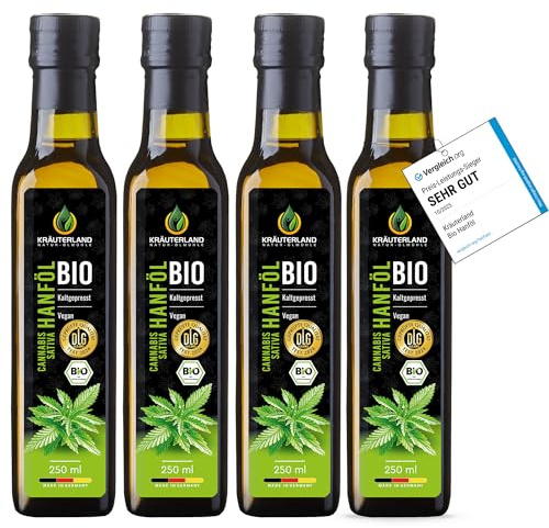 Kräuterland Bio Hanföl 4x250ml (1Liter) kaltgepresst natives Speiseöl | GVO-frei, Omega-3-6-9, mild-nussig, für Salate, Dressings & kalte Küche, mühlenfrisch, vegan, DLG-prämiert, ohne Zusatzstoffe