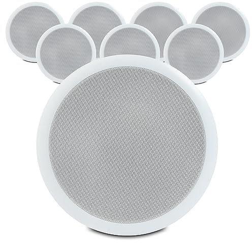 Power Dynamics CSPB5 5-Inch Ceiling Speaker System - Set of 8, 100V Line Flush-Mount Speakers for Office, Restaurant, Shop & Home Audio Installation, White Finish, Easy Fitting Clips