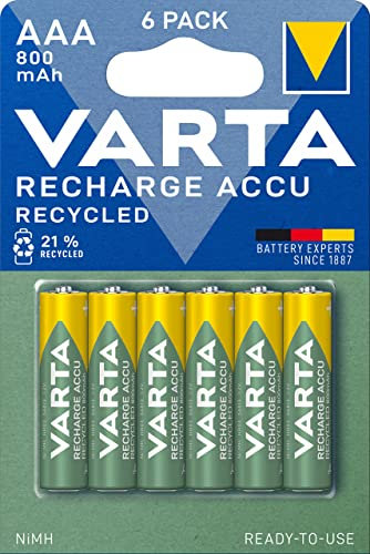 VARTA Batterien AAA, wiederaufladbar, 6 Stück, Recharge Accu Recycled, Akku, 800 mAh Ni-Mh, aus 21% recyceltem Material, vorgeladen, sofort einsatzbereit