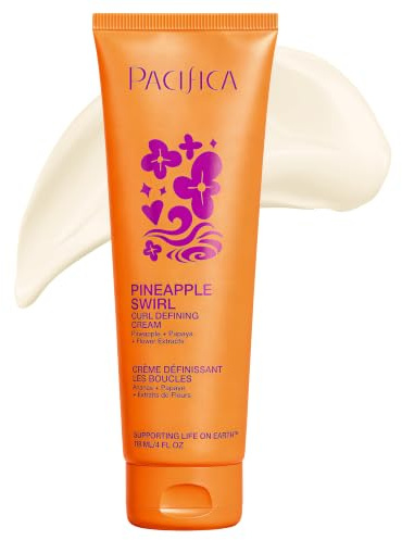 Pacifica Pineapple Swirl Curl Defining Cream – Bounce, Frizz Control & Curl Enhancer Styling Cream for Curly Hair & Wavy Hair – Coconut Oil & Hyaluronic Acid For No-Crunch Hold – Cruelty-Free – 4-oz