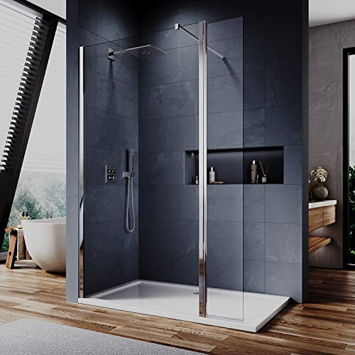 Elegant 900mm Walk in Shower Screen 6mm Tougheded Safety Wet Room with 300mm Flipper Panel,Aluminum Support bar Included