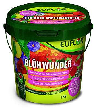 Euflor Blühwunder 1 kg Eimer • sorgt für reiche Blütenfülle und gesunde grüne Blätter • NPK-Dünger 15+10+15 mit 2% MgO + Eisen und Spurennährstoffen • Spezialdünger