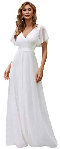 Ever-Pretty A-línea Tul Vestido de Noche Manga Corta Cuello en V Largo para Mujer Blanco 36