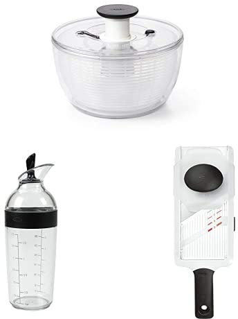 OXO Good Grips Salatschleuder Good Grips Kleiner Salatdressing-Shaker, Schwarz, 350ml Good Grips Handmandolinenschneider, Weiß