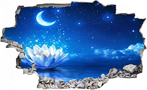 3D-Effekt Wandtattoo Aufkleber Durchbruch selbstklebendes Wandbild Wandsticker Stein Wanddurchbruch Wandaufkleber Tattoo,Seerose im Mondschein,Größe:60x90cm