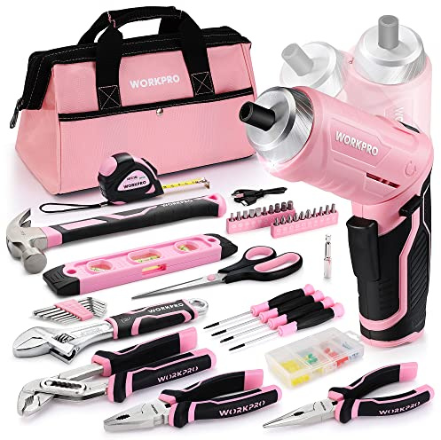 WORKPRO 74-Piece Tool Set with 3.7V Cordless Screwdriver | Pink DIY Kit, Screwdriver, Hand Tools, Home Repair Starter Set with Carrying Bag
