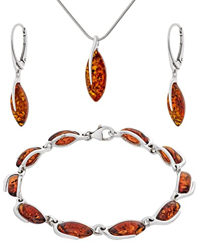 AMBEDORA Grande set da donna Amber 324, finitura in argento Sterling lucido, ambra baltica color cognac, bracciale, ciondolo con collana e orecchino, Argento sterling, Ambra