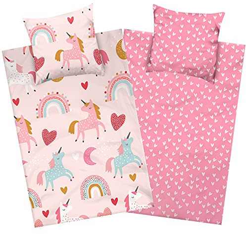 Aminata kids Biber Bettwäsche 135 x 200 Kinder Einhorn-Motiv Mädchen Flanell Baumwolle, Reißverschluss, Kinder-Wende-Bettwäsche-Set Unicorn, warm, weich & kuschelig, rosa pink, Flanellbettwäsche
