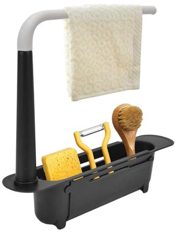 Cyrank Organizador de fregadero, estante telescópico para fregadero, estante telescópico para fregadero de cocina, escurridor ajustable, soporte de jabón de esponja con barra de toalla para el hogar y