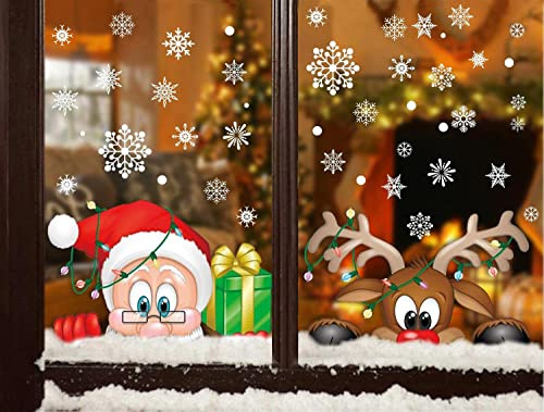 Gucken Santa Rudolph Fenster haftet Schneeflocken statische Aufkleber für Weihnachten Fenster anzuzeigen Aquarell Fensterbilder Weihnachten Selbstklebend Weihnachtsfensterbilder Doppelseitig