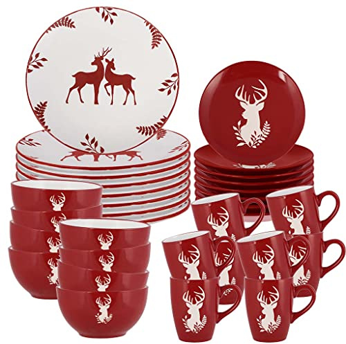 32pc Christmas Crockery Dinner Set Stoneware Crockery Dinner Service | 8 Place Settings, Dishwasher Safe, Microwave Safe, Mugs, Bowls, Side Plates, Dinner Plates, Hand Painted, Red & White