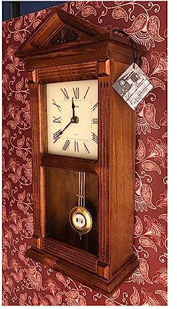 Reloj Pared Madera Nogal, Reloj de Pared de péndulo, Madera y Cristal, 49 cm, Reloj regulador Cuarzo, con soneria, Suena Enteras y despues campanadas