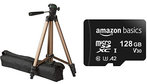 Amazon Basics 127-cm (50-Inch) Lightweight Tripod with MicroSDXC, 128 GB, with SD Adapter, A2, U3, Read Speed up to 100 MB/s