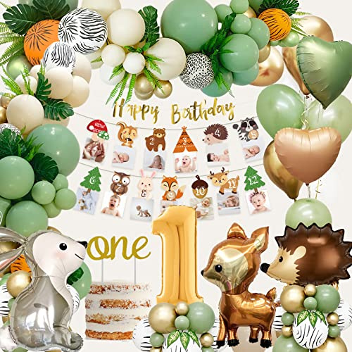 Dekoration zum Geburtstag, 1 Jahr, Mädchen, Jungen, Grün, Ballon zum Geburtstag 1 Jahr, Ballon 1 Jahr und Ballon, Tiere Dschungel, Banner, Happy Birthday, Deko für Party, Geburtstag, Dschungel