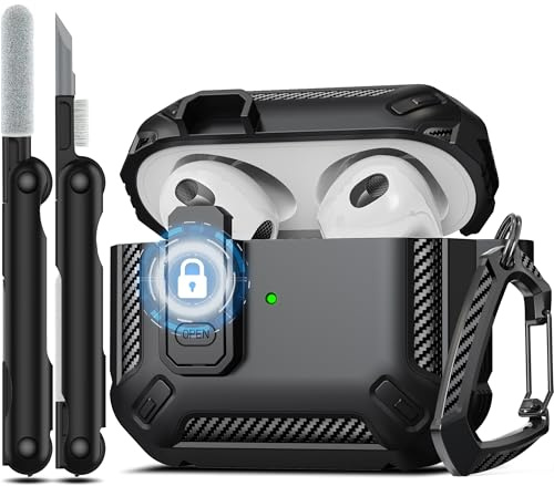 RFUNGUANGO Compatible with AirPods 3rd Generation Case Cover with Cleaner Kit, Military Hard Shell Protective Armor with Lock Compatible with AirPod Gen 3 Charging Case 2021,Black